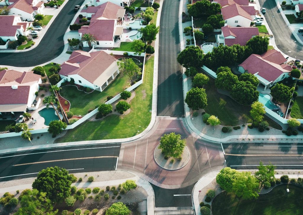 arial view of white-and-red houses